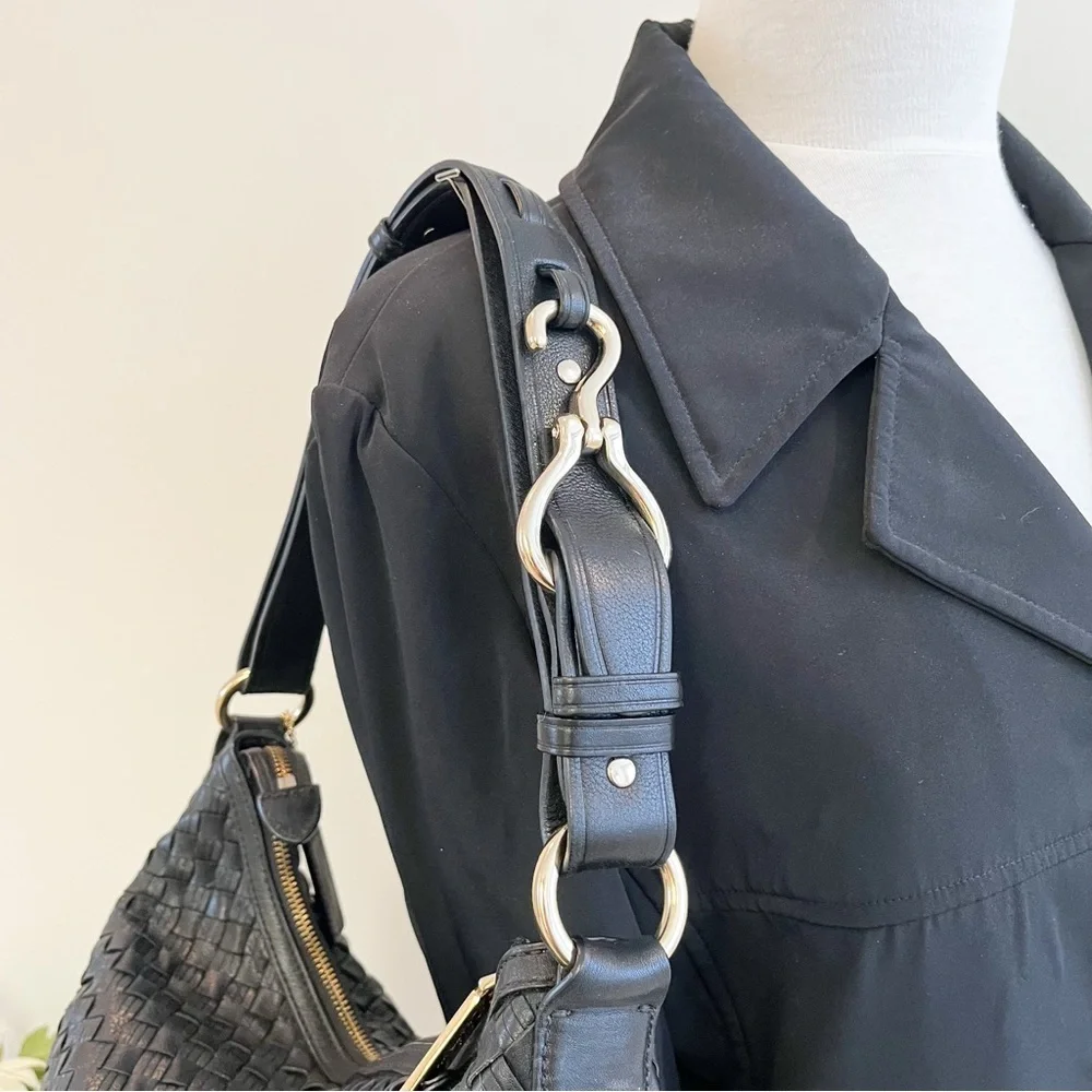 Cole Haan Avery Heritage Weave Black Leather Large Hobo with Hoof Pick Detail